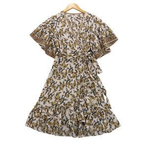 MAX STUDIO Floral Wrap Midi Dress Flutter Sleeve Ruffle Hem Yellow White S